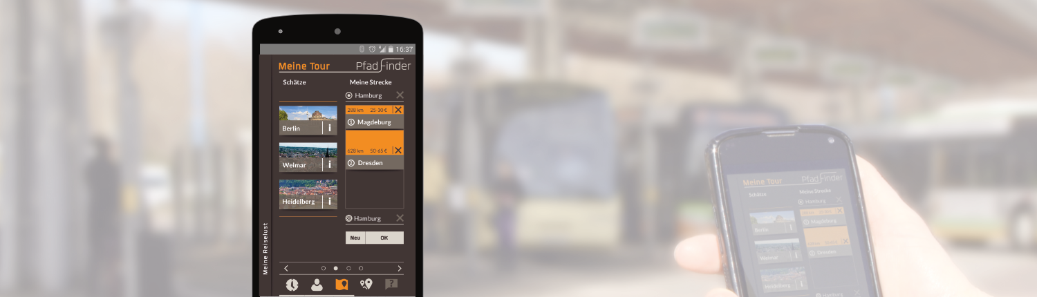 image of mobile phone with screen of the pfadfinder app in front of a bus station